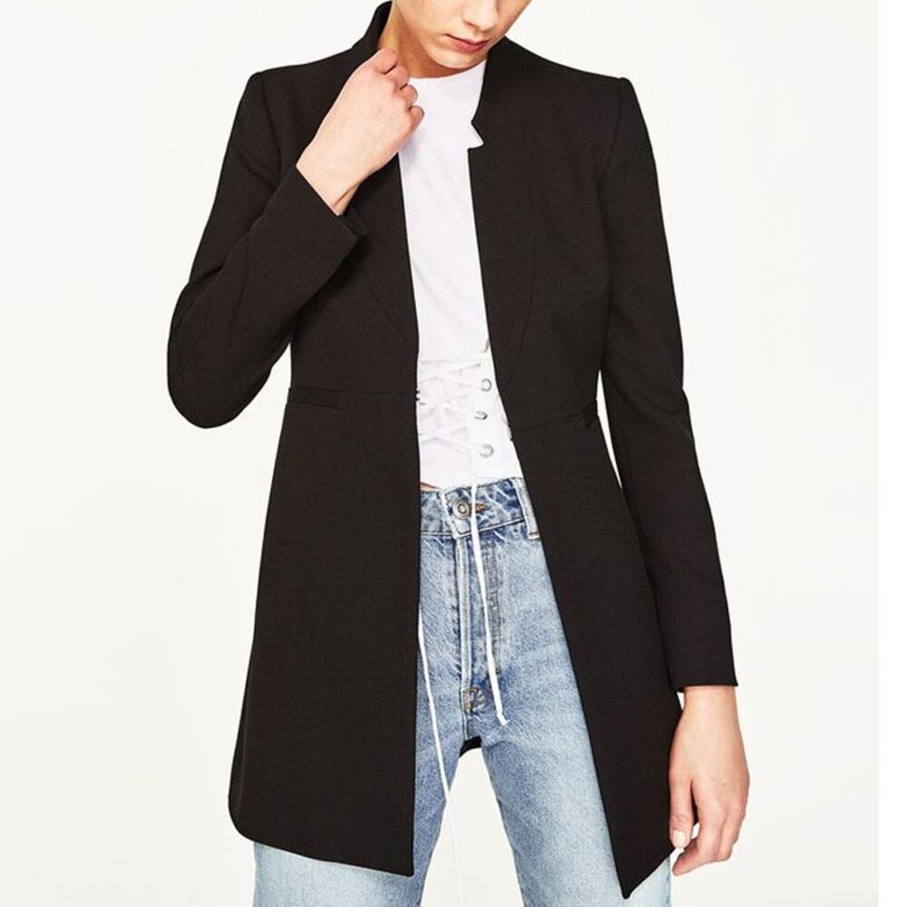 Zara Black Open Front Longline Blazer Size L